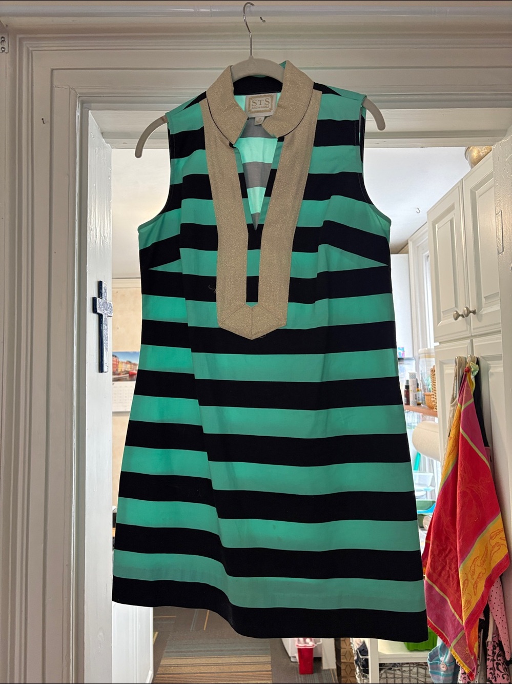Sail to Sable Green and Navy Striped Classic Tunic Sleeveless Dress